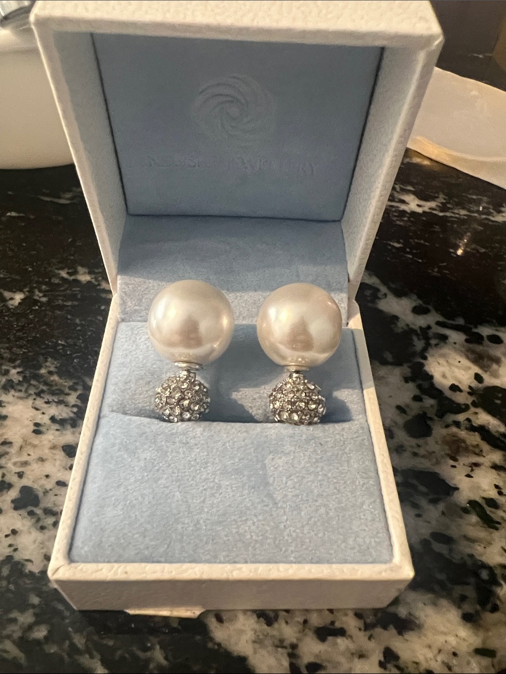 Source Unknown White Pearl and Crystal Double-Sided Stud Earrings
